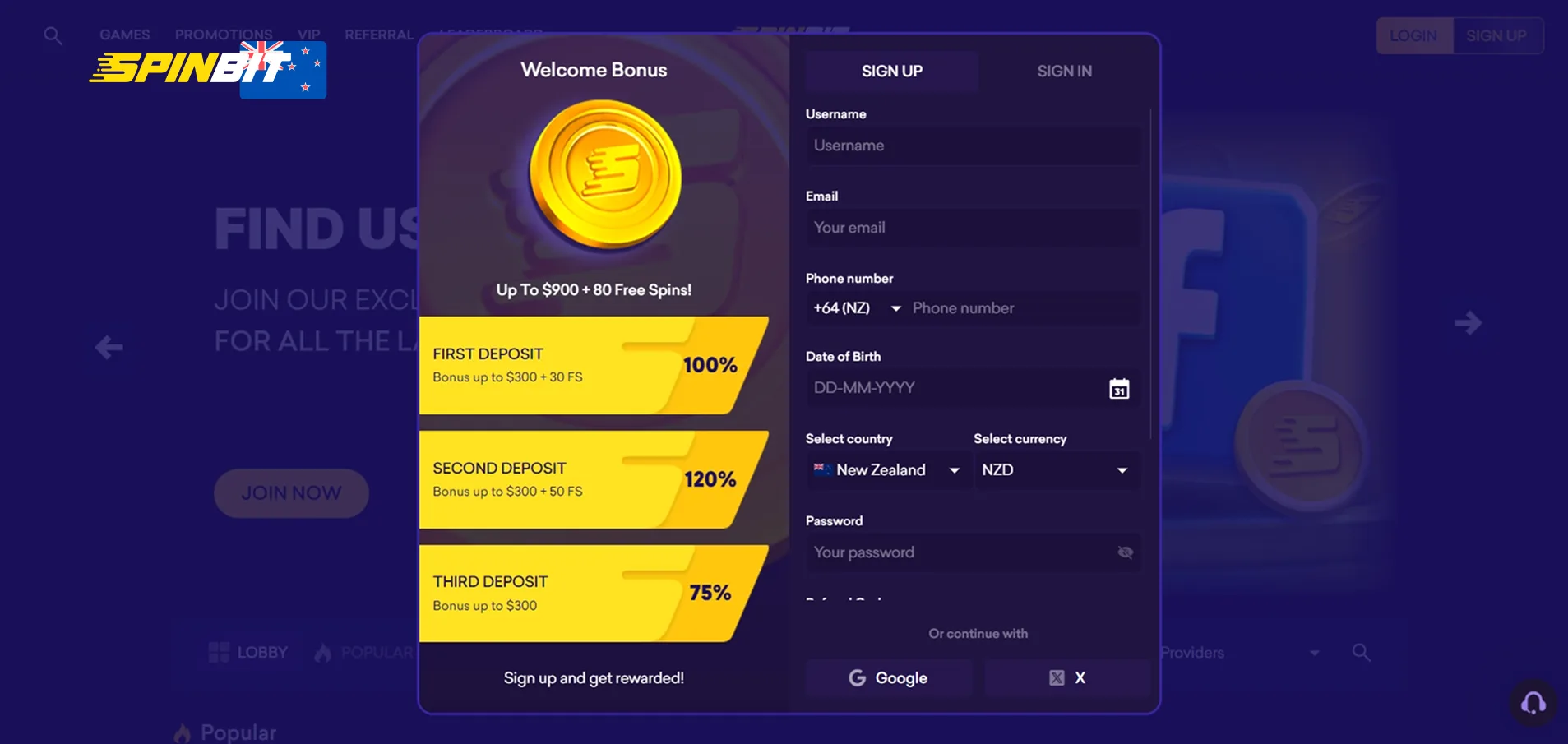 SpinBet registration and deposit bonus screen