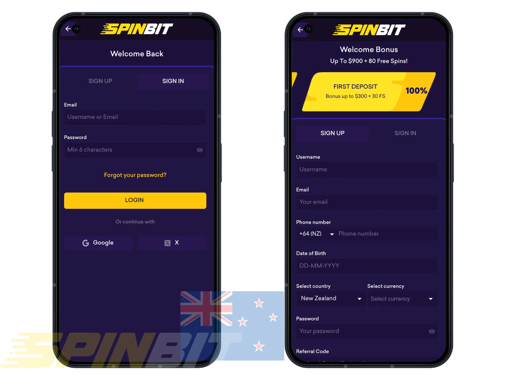 SpinBet registration screens