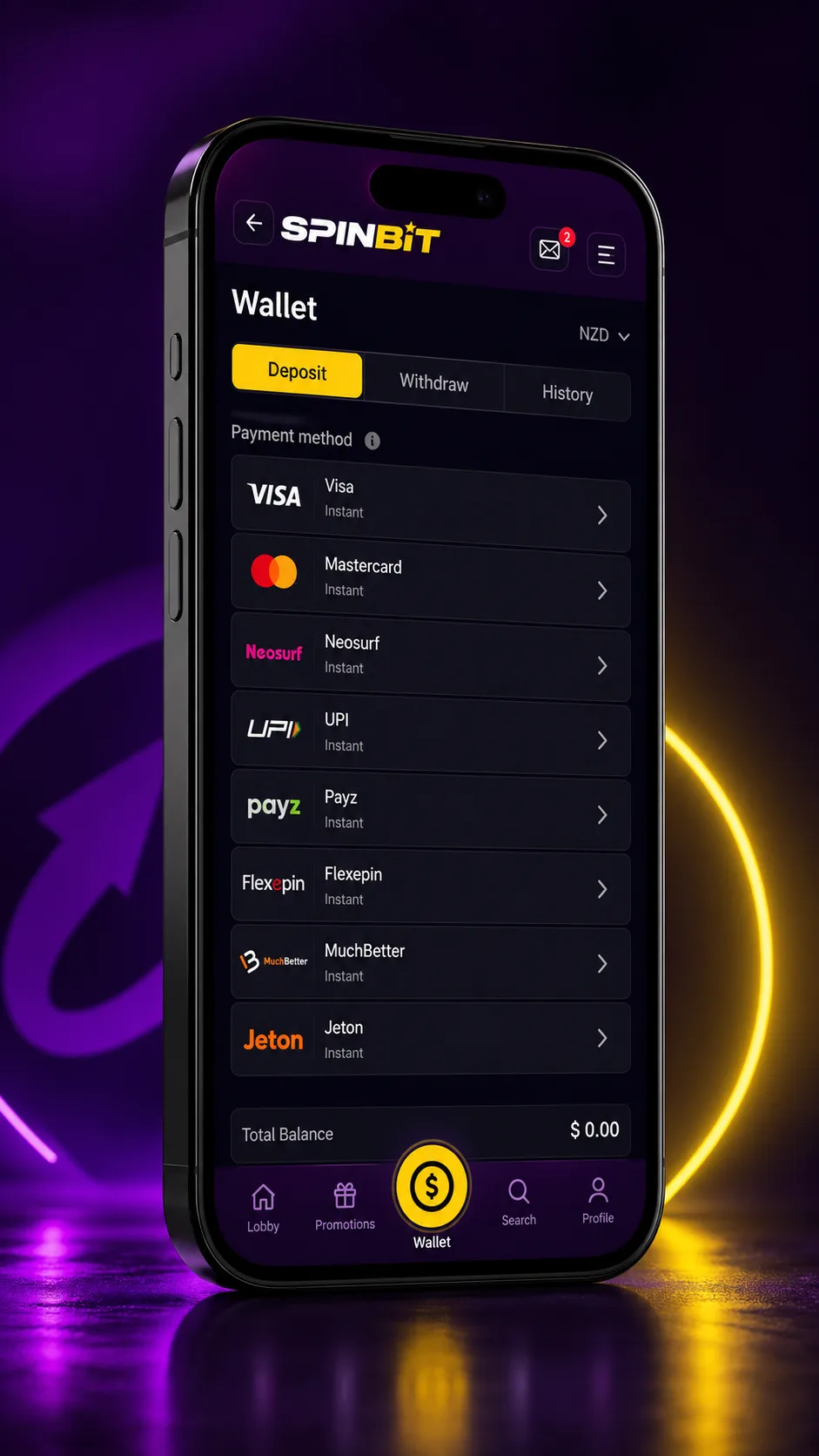 SpinBet mobile deposit screen