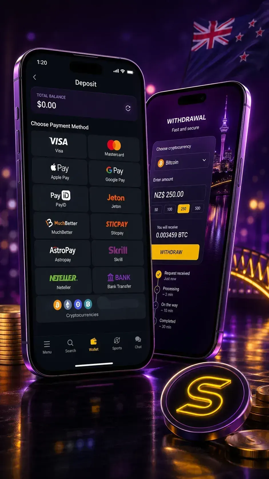 SpinBet deposit and withdrawal screens