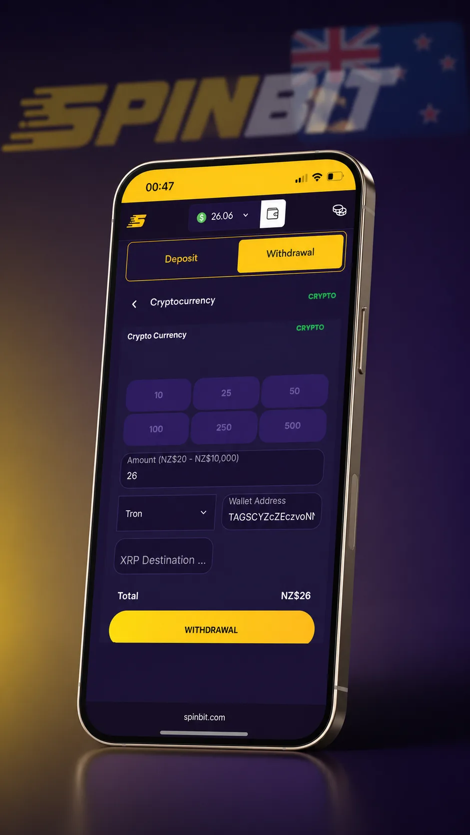 SpinBet New Zealand cashier and withdrawal screen