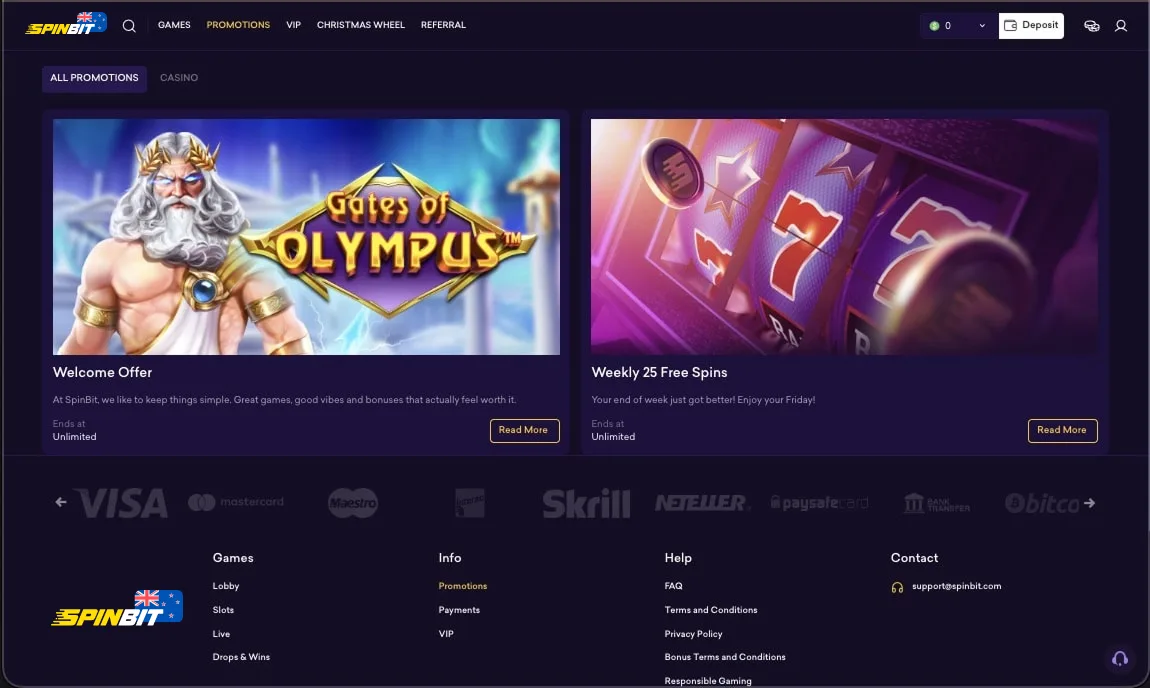 SpinBet promotions and bonus page